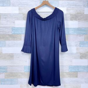 Ann Taylor Smocked Off The Shoulder Dress Blue Bell Sleeve Ponte Knit Womens XL
